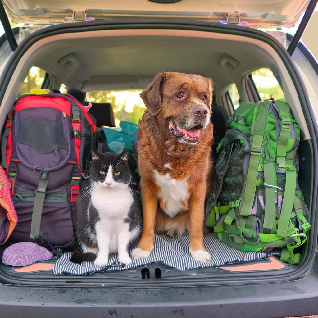 cat and dog looking out the back of a parked vehicle loaded for road trips